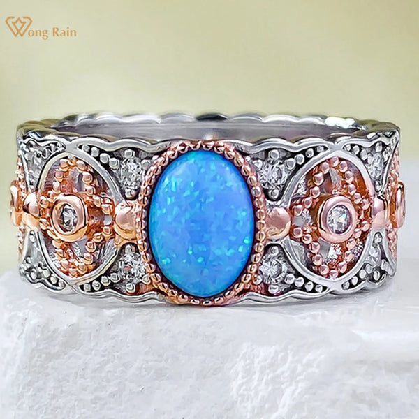 Wong Rain 18K Gold Plated 925 Sterling Silver Oval 5*7 MM Opal High Carbon Diamond Gemstone Fine Jewelry Vintage Ring for Women