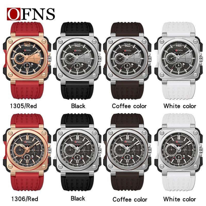 Stainless Steel Silicone Quartz Calendar Waterproof Multi Function square Watch for Men