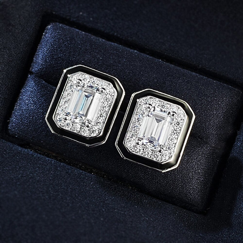 925 Sterling Silver Lab Sapphire Emerald Cut Earrings