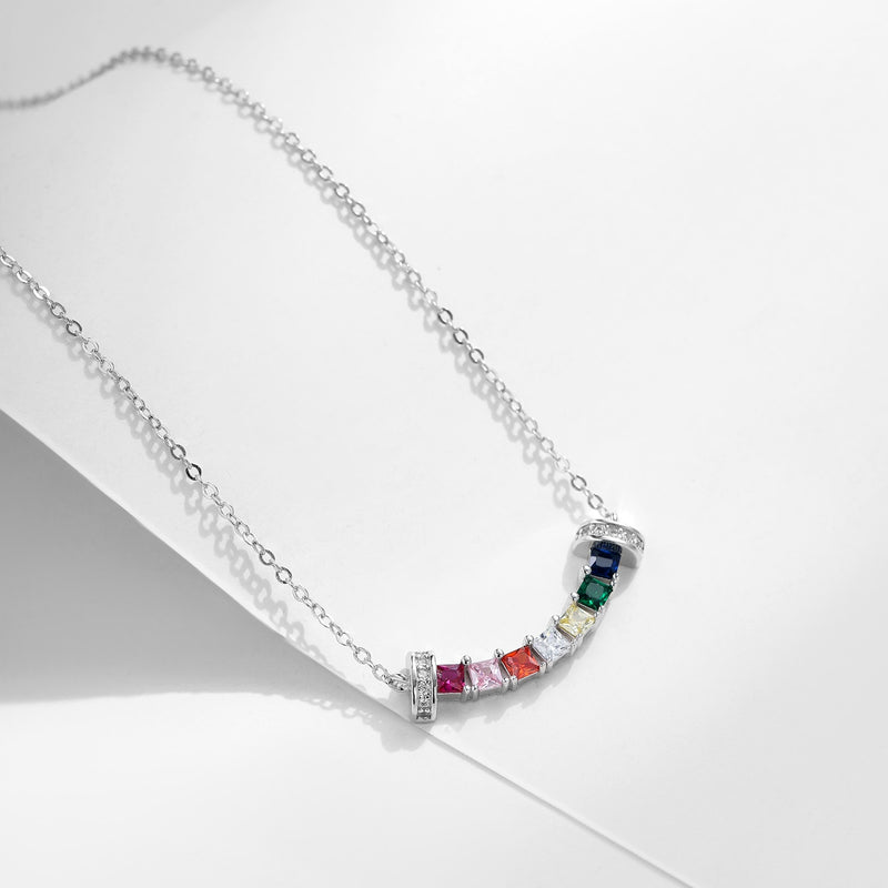 Sterling Silver Rainbow Zirconia Square Pendant Necklace for Women