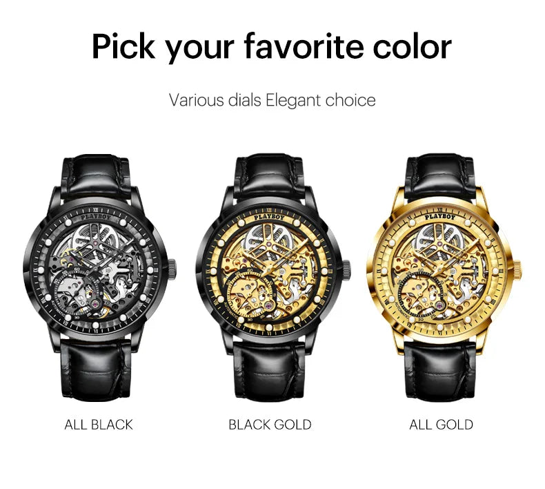 Stainless Steel Leather Strap Skeleton Automatic Mechanical Watch for Men