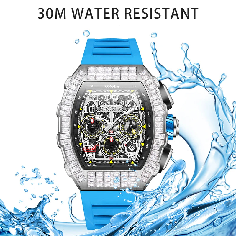 Silver Fully Automatic Mechanical Watch with Diamond Inlaid Waterproof Tape, for Men