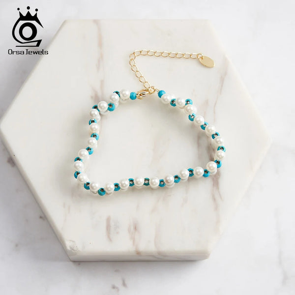 925 Sterling Silver Turquoise and Shell Pearl Chain Bracelet for Women