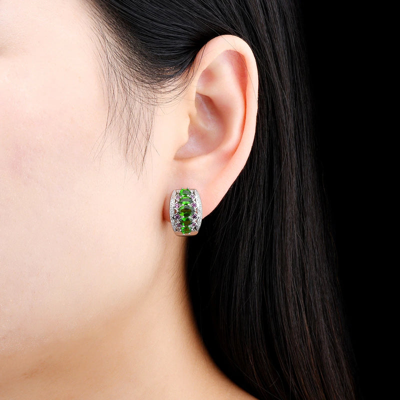 Sterling Silver 3 Carat Chrome Diopside Clip Earrings for Women