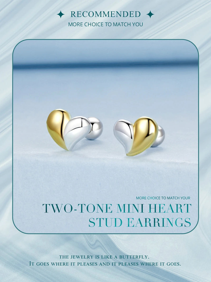 925 Sterling Silver Two-tone Mini Heart Stud Earrings for Women