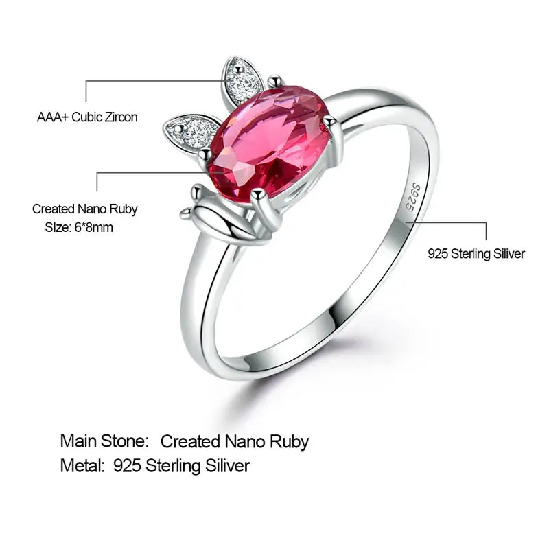 Sterling Silver Nano Ruby Rabbit Ring, 6X8mm, for Women