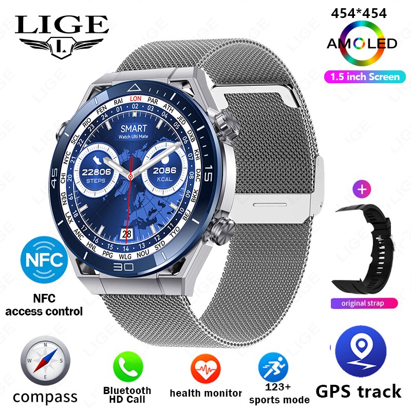 GPS Smart Watch with Voice Calling, NFC, Compass, IP68 Waterproof, ECG+PPG For Men.