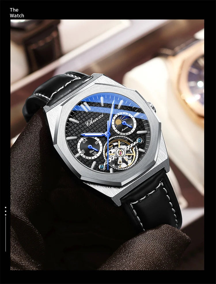 Stainless Steel Sun Moon and Stars Luminous Mechanical Watch for Men