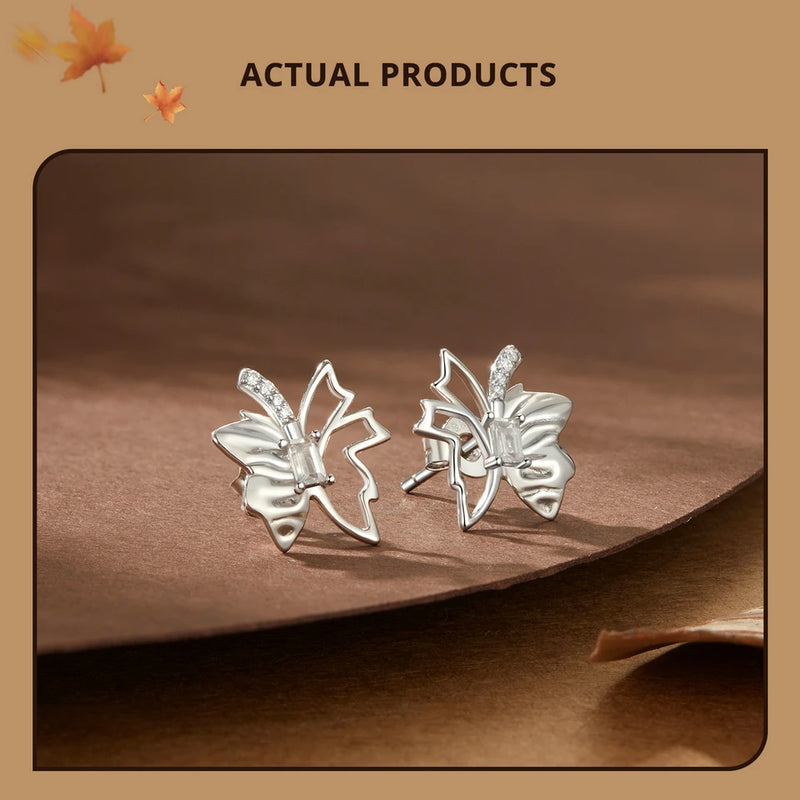 Sterling Silver Autumn Leaf Butterfly Stud Earrings for Women