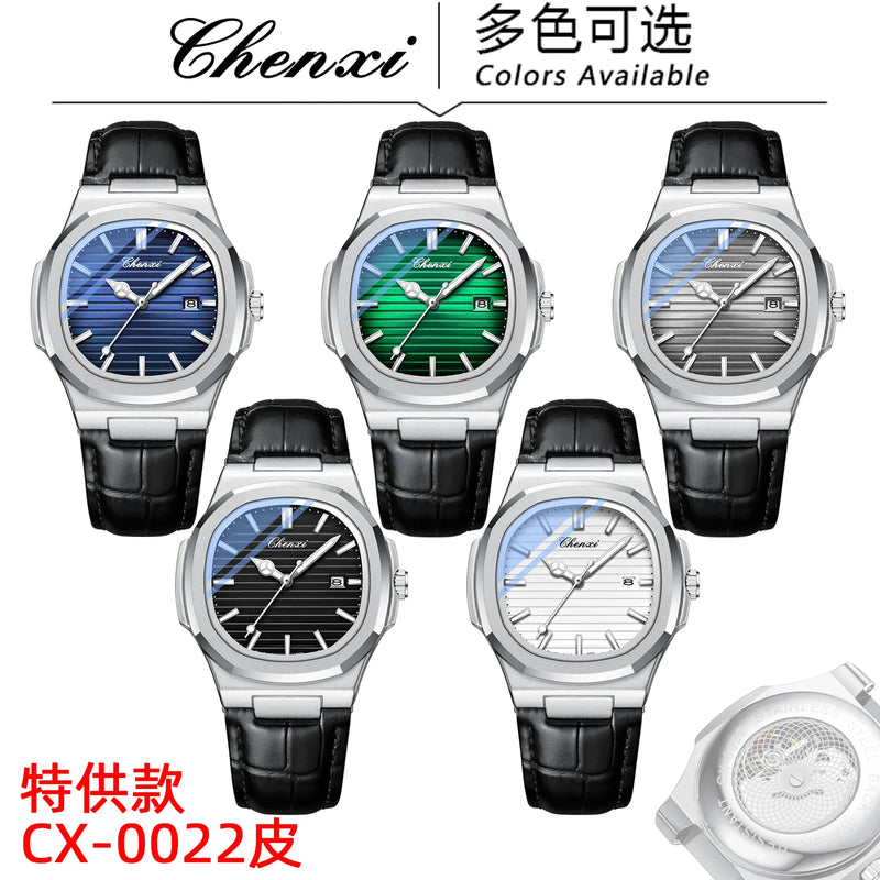 Stainless Steel Leather Luxury Transparent Quartz Watch with Date and Luminous Hands for Men