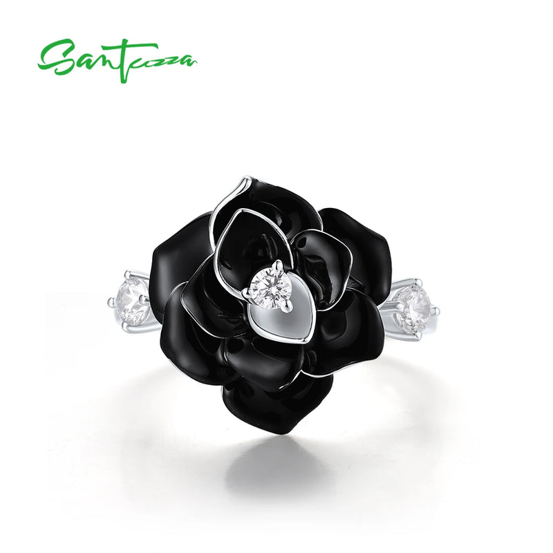 Sterling Silver White CZ Black Flower Enamel Ring For Women