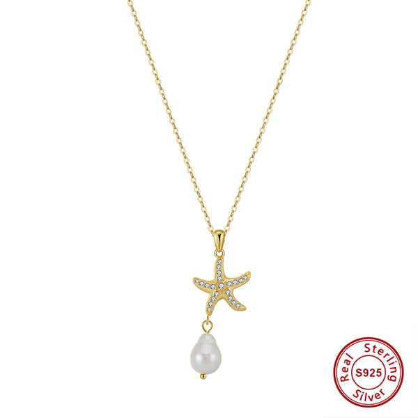 925 Sterling Silver Starfish Shell Pendant Necklace