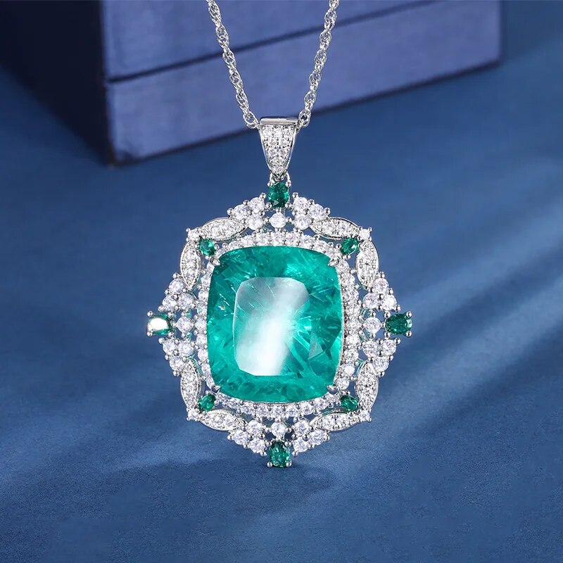 Sterling Silver 925 Green Zircon Geometric Pendant Necklace for Women