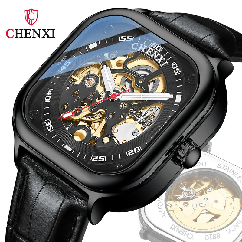 Leather Mesh Square Fashion Mechanical Watch for Men