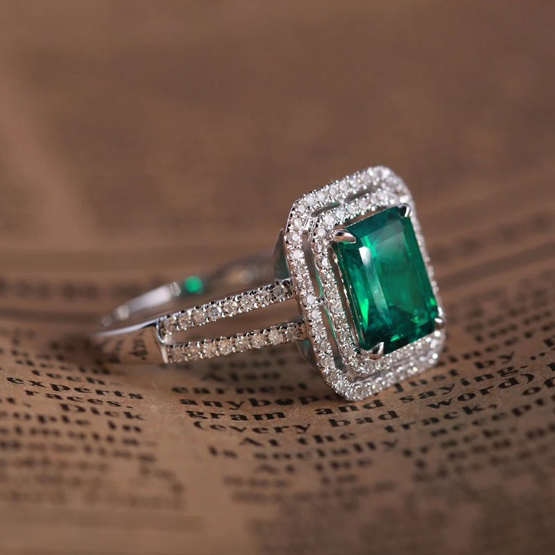 14K White Gold Emerald Ring with Diamonds for Women