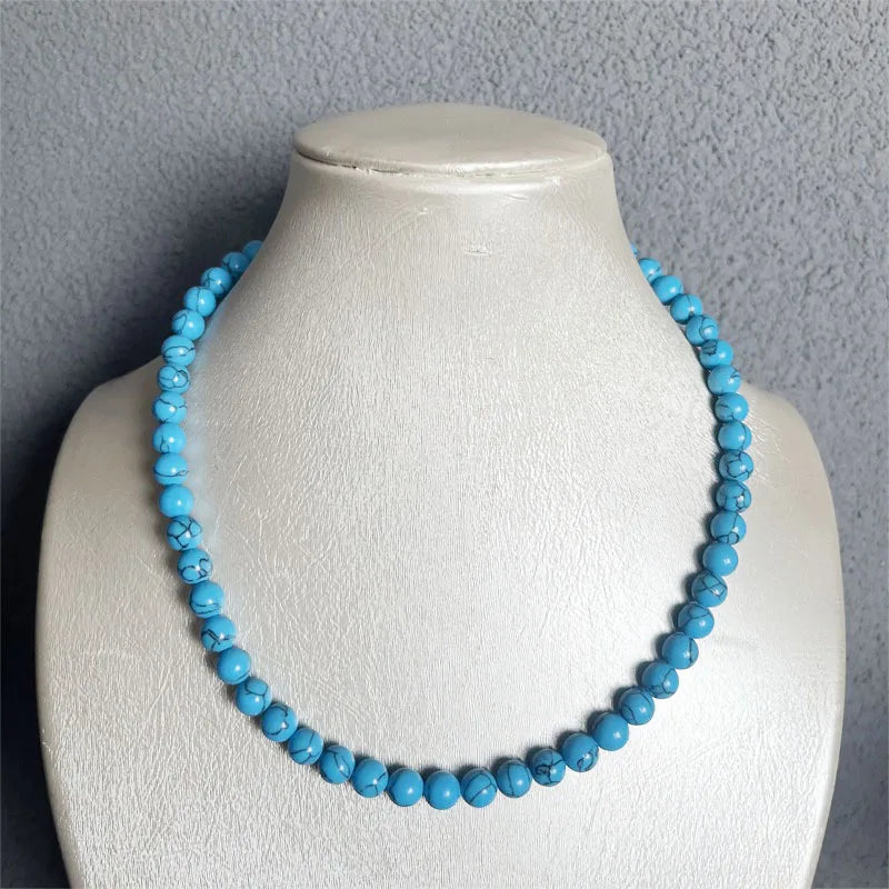 Silver 8mm Blue Turquoise Necklace with Black Lines for Female