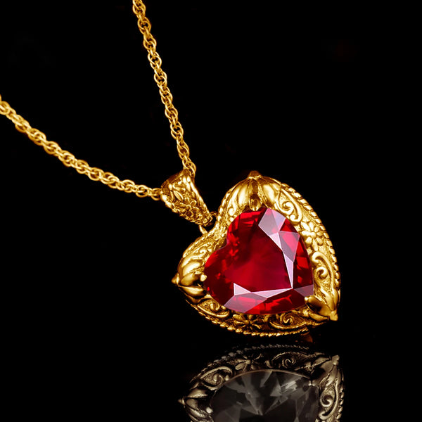 Gold Ruby Heart Pendant Necklace for Women