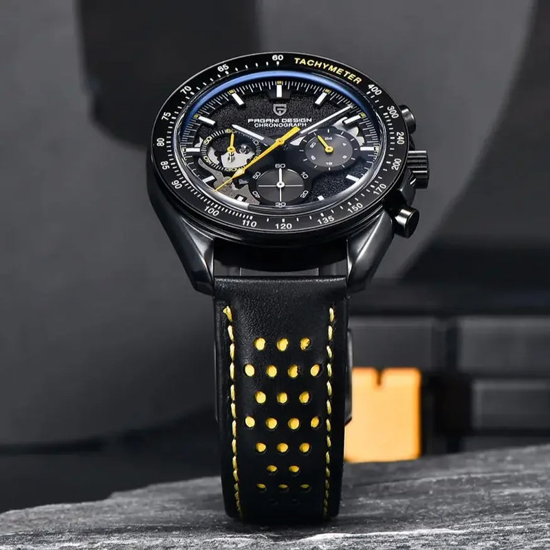 Stainless Steel Quartz Skeleton Sport Chronograph Watch for Men