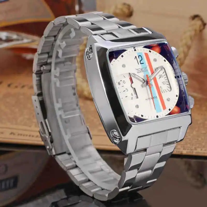 Stainless Steel Square Automatic Mechanical Watch with Date and Week for Men