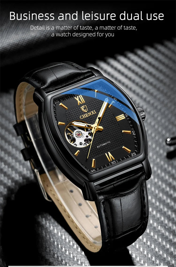 Stainless Steel Fashion Square Hollow Out Mechanical Watch for Men