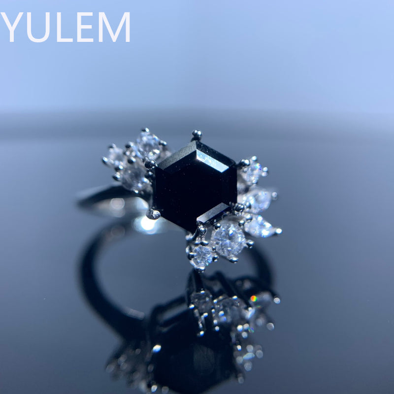 925 Sterling Silver Natural Hexagon Black Spinel Flower Ring for Women