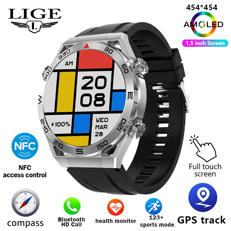 GPS Smart Watch with Voice Calling, NFC, Compass, IP68 Waterproof, ECG+PPG For Men.