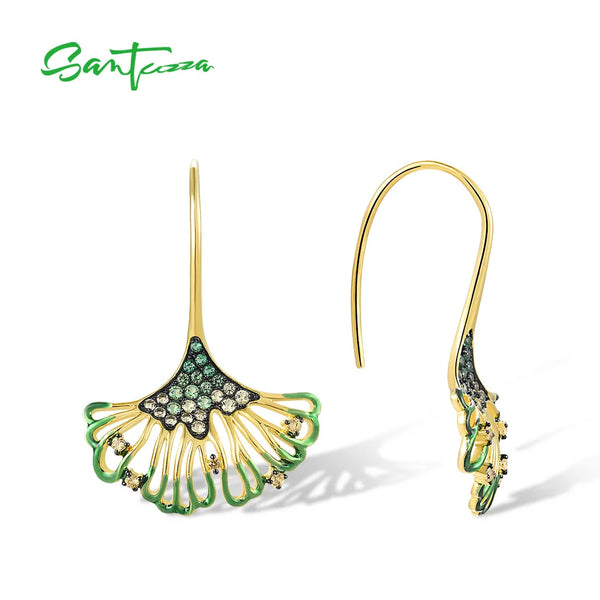 Sterling Silver Green Spinel Leaf Earrings for Women