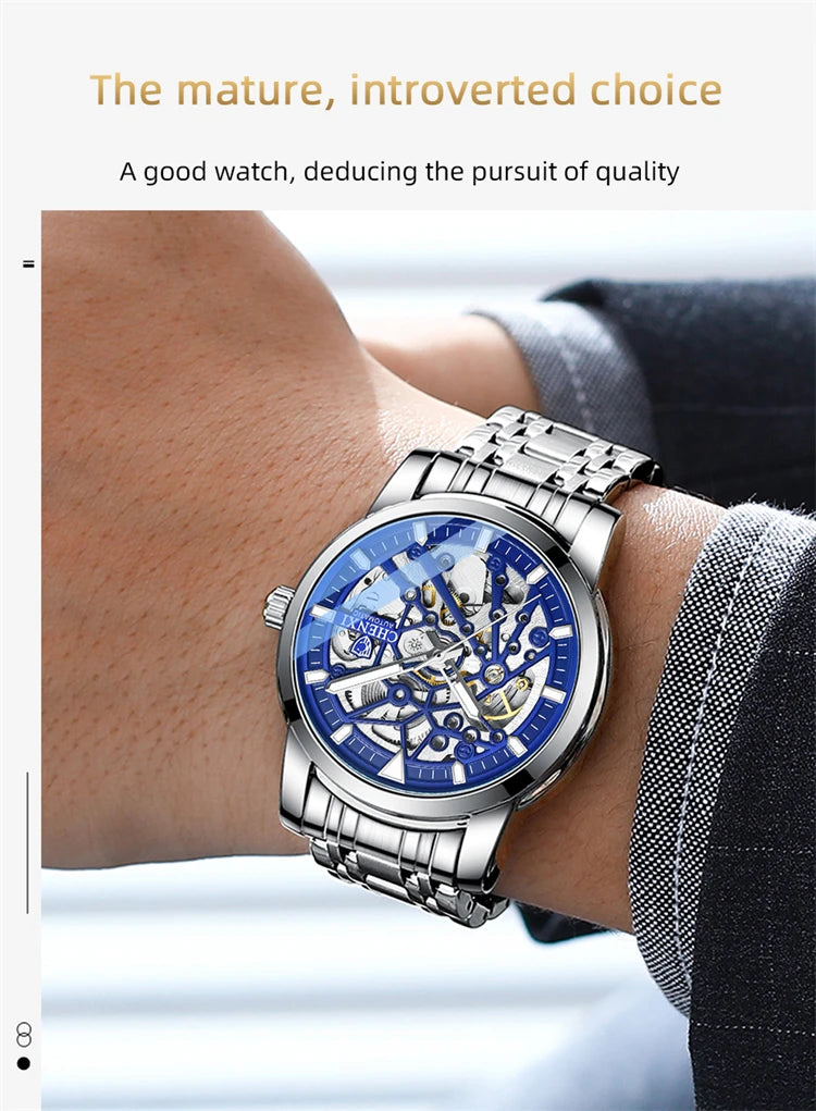 Stainless Steel Leather Strap Automatic Mechanical Watch for Men