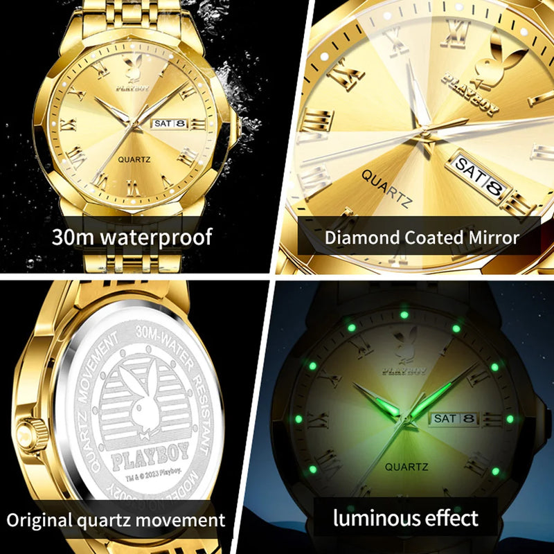 Stainless Steel Luxury Quartz Watch with Calendar and Luminous Features for Men