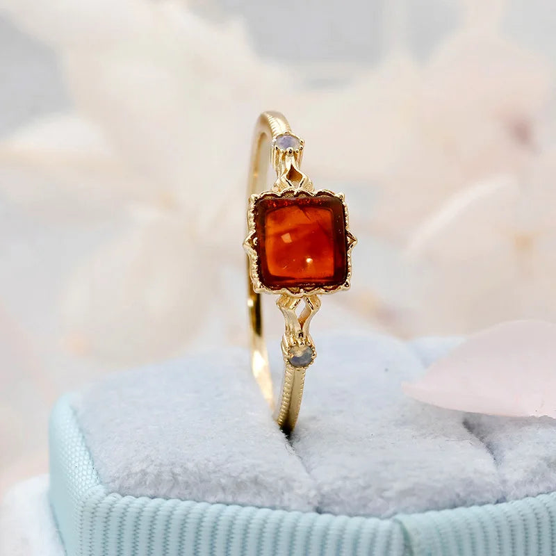 925 Sterling Silver Gold Vermeil Synthetic Amber Square Ring for Women