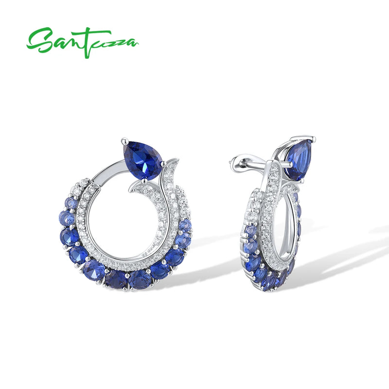 Sterling Silver Drop Earrings with White CZ and Blue Spinel