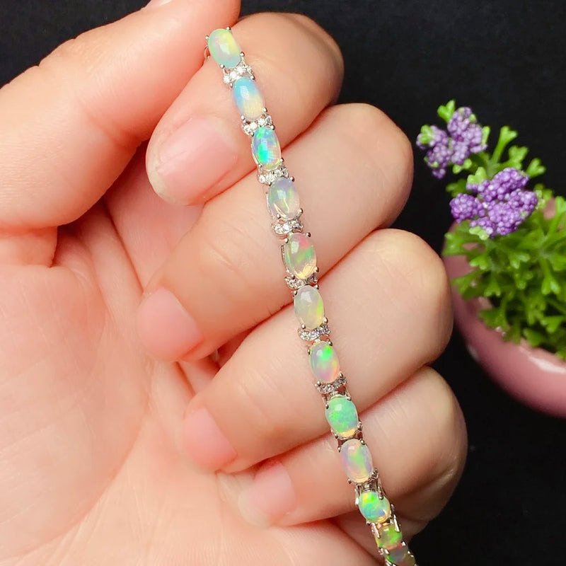 925 Silver Gold Plated Natural Opal Bracelet for Women