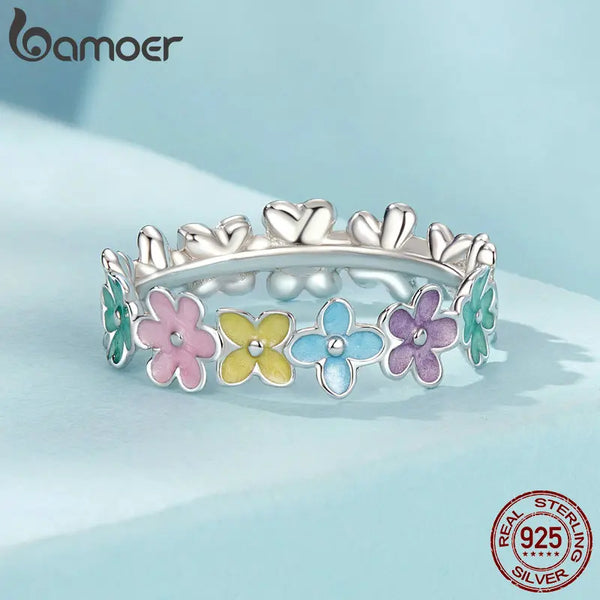 925 Sterling Silver Multi-color Enamel Mini Flower Ring for Women