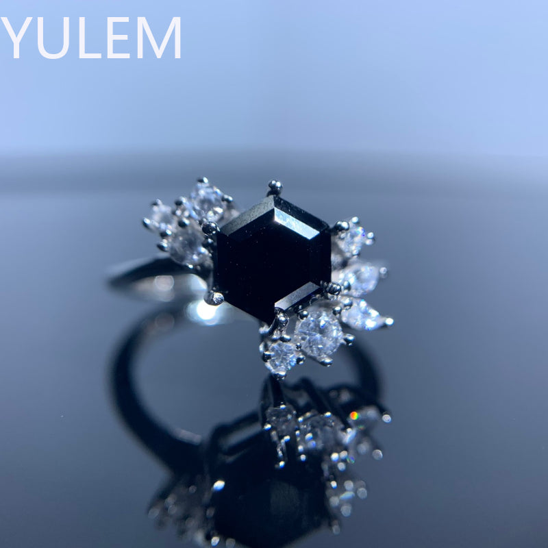 925 Sterling Silver Natural Hexagon Black Spinel Flower Ring for Women