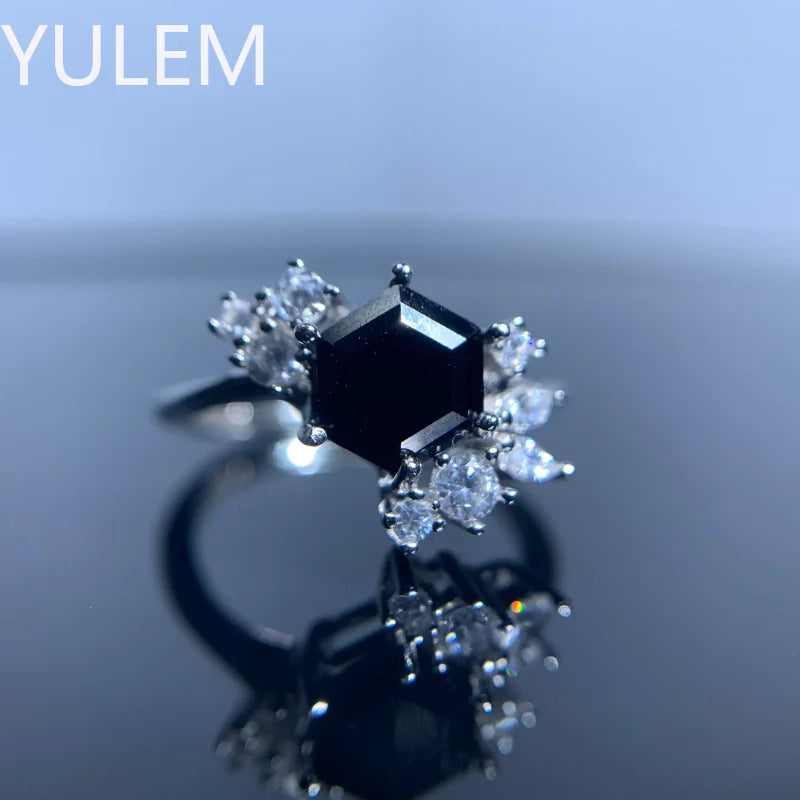 925 Sterling Silver Natural Hexagon Black Spinel Flower Ring for Women