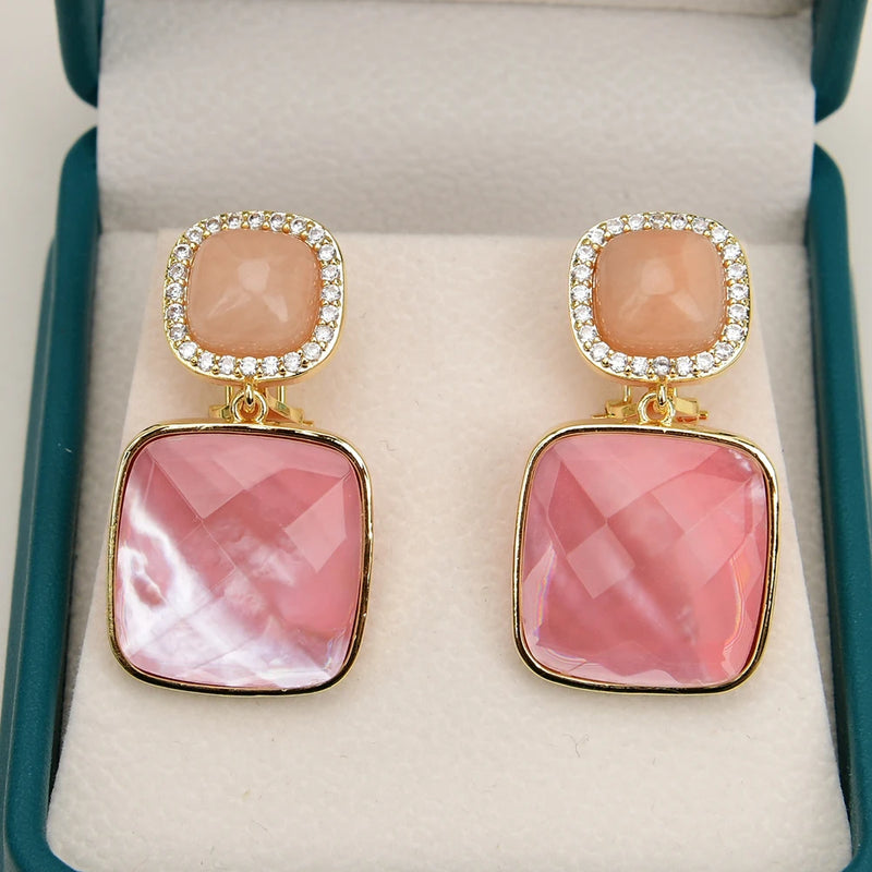 Sterling Silver Natural Pink Sea Shell Pearl & Pink Aventurine CZ Square Drop Earrings for Women