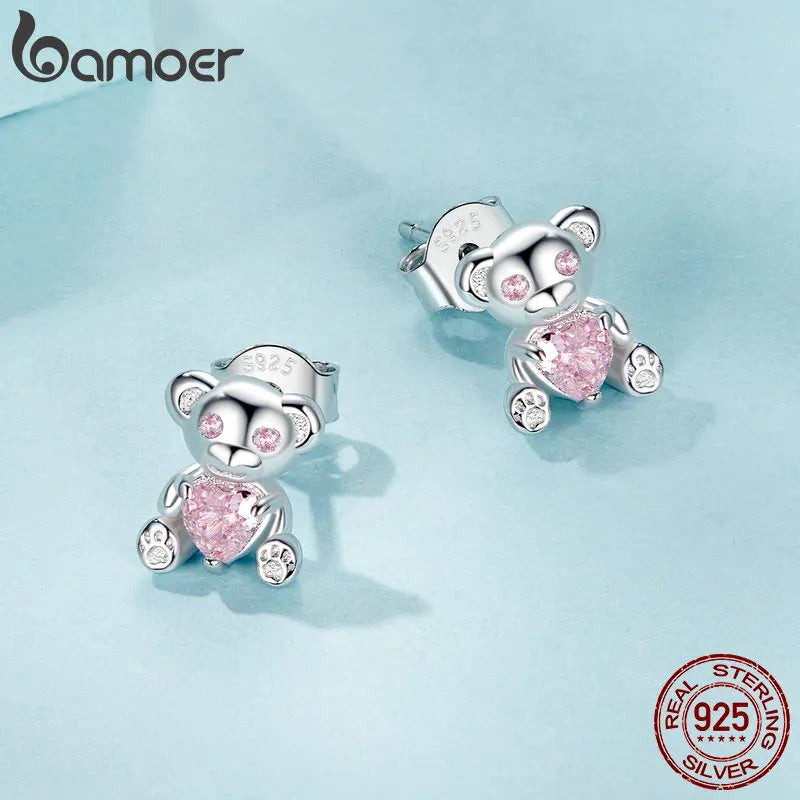 Solid 925 Sterling Silver Bear Stud Earrings for Women