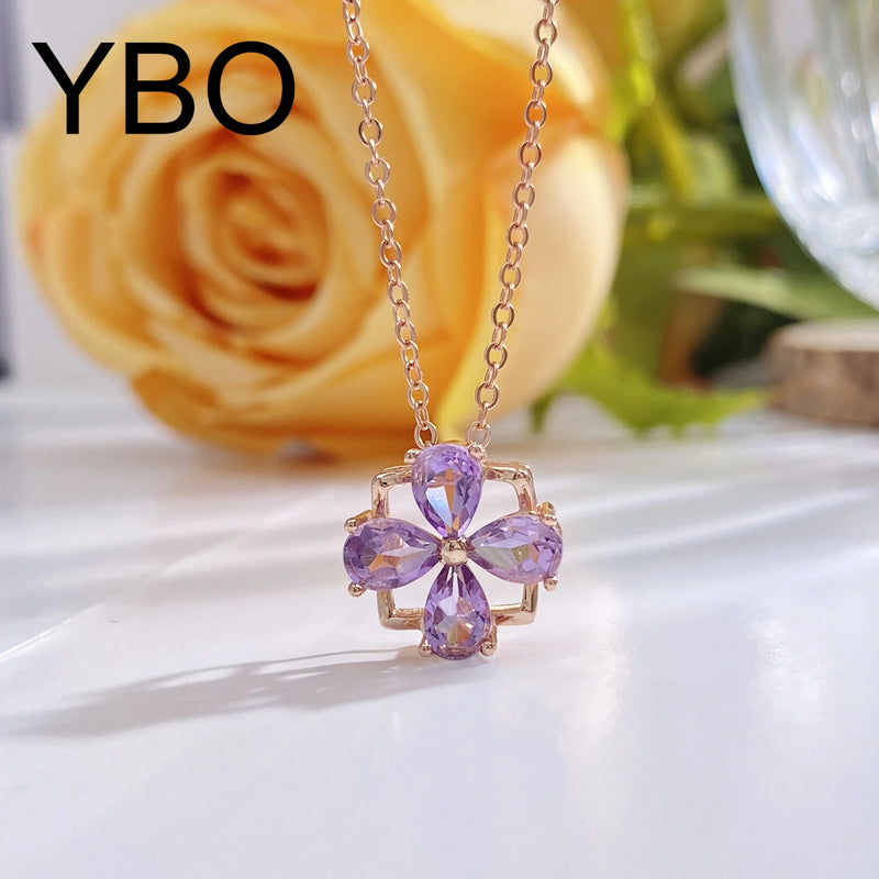 18k Rose Gold Plated Amethyst Geometric Flower Pendant Necklace for Women