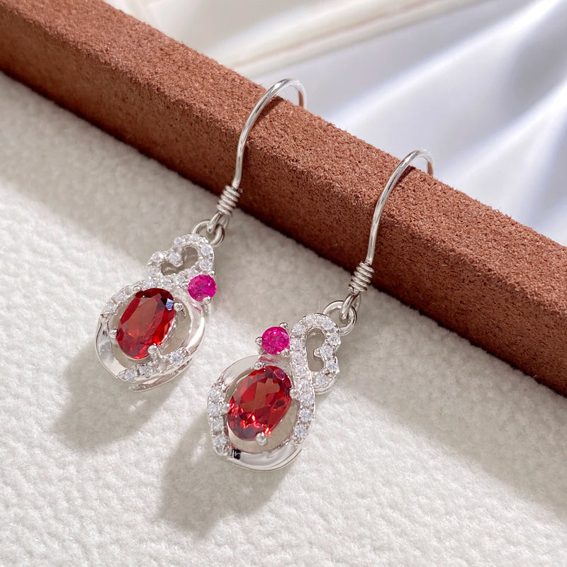 925 Sterling Silver Red Garnet Geometric Dangling Earrings for Women