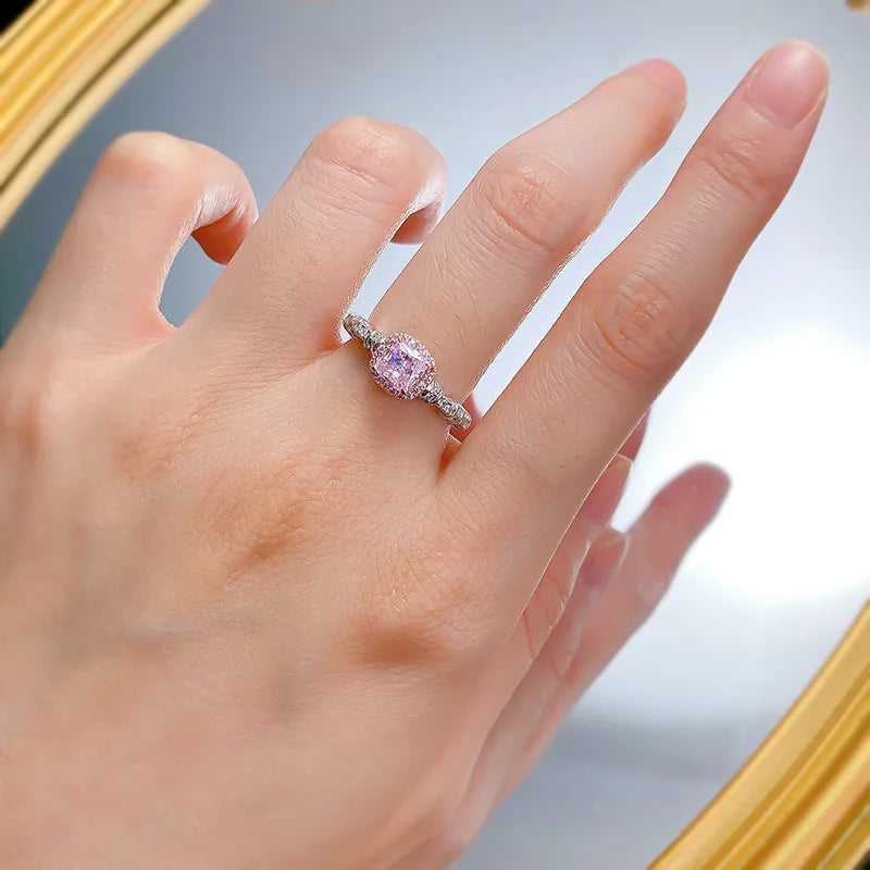 Sterling Silver 5*5 ct Pink Diamond Cushion Ring for Women