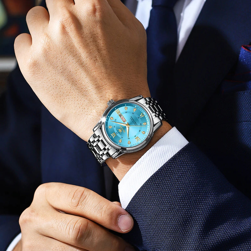 OLEVS Men's Watches Top Fashion Tiffany blue Dial Original Quartz Watch for Man Stainless Steel Waterproof Luminous Date Week
