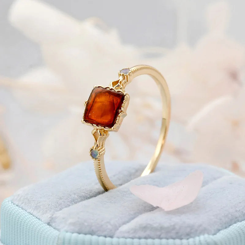 925 Sterling Silver Gold Vermeil Synthetic Amber Square Ring for Women