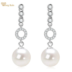 Sterling Silver Pearl Diamond Drop Dangle Earrings for Women