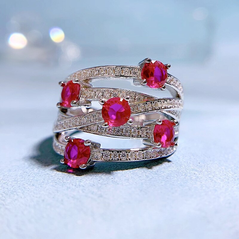 925 Sterling Silver Emerald Cut & Ruby Diamond Rings for Women