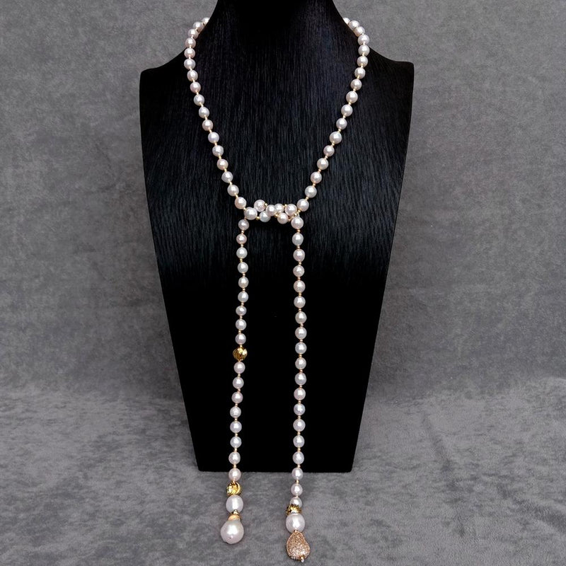 Y.YING Freshwater Cultured White Keshi Pearl Necklace 40 Long Lariat Necklace Jewelry For Women\"