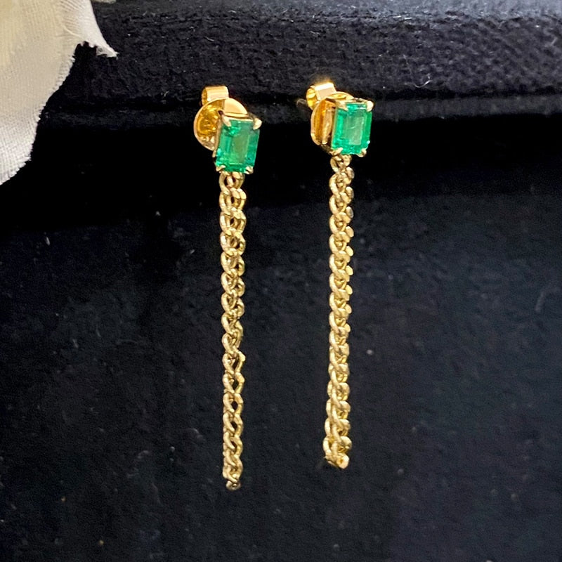 18K Yellow Gold Emerald Chain Earrings for Women