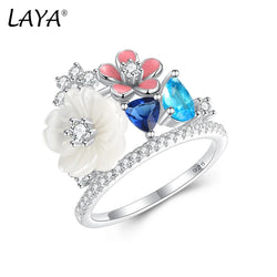 Sterling Silver White Shell Flower Zircon Ring for Women