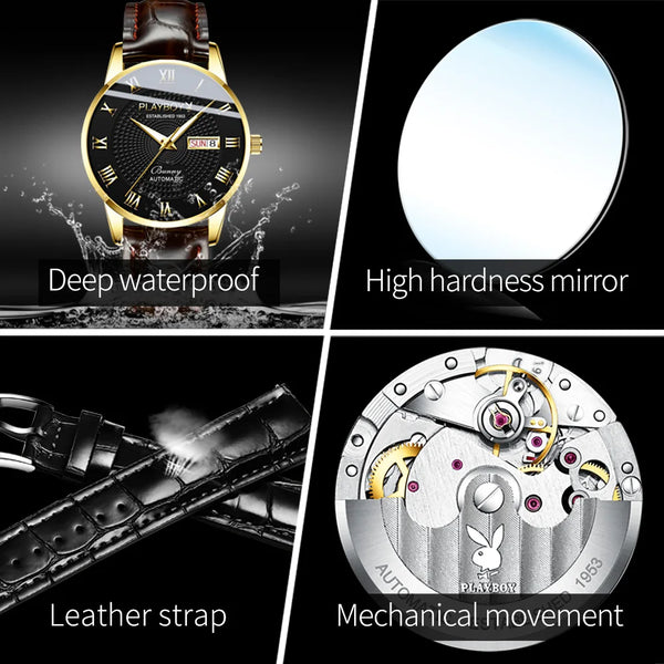 Stainless Steel Leather Strap Automatic Mechanical Watch for Men