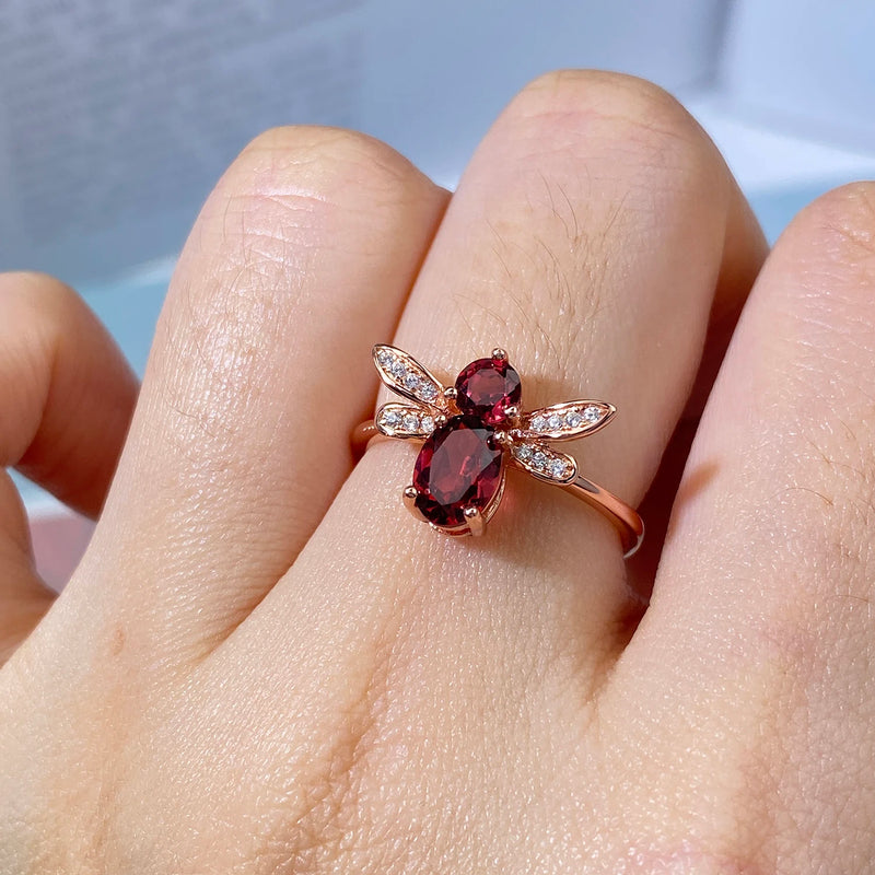 925 Sterling Silver Red Garnet Bee Ring for Women