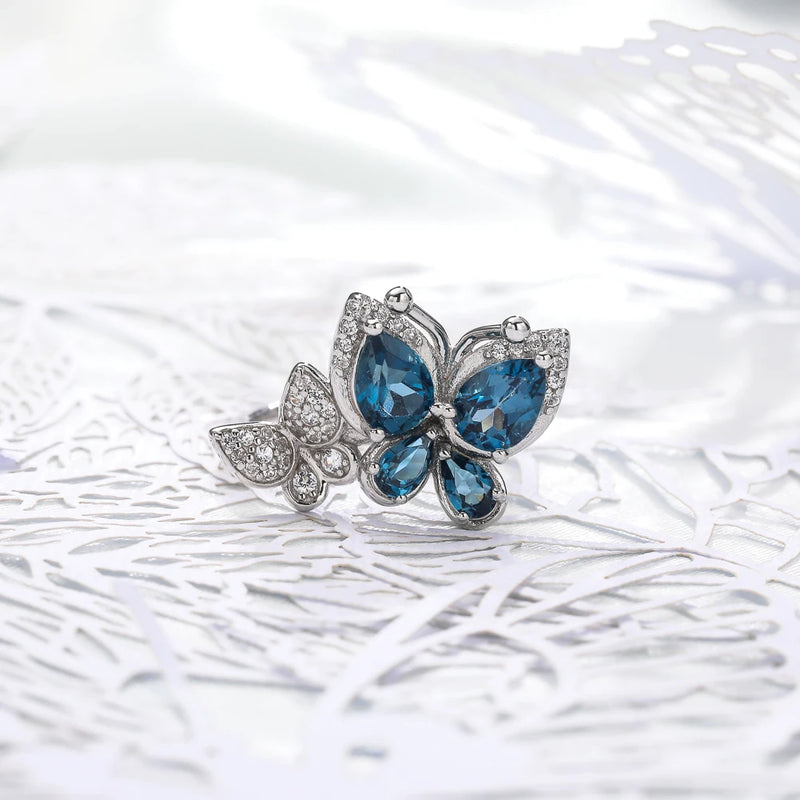 925 Sterling Silver Blue Butterfly Rings with 2ct Gems and Natural London Blue Topaz for Women